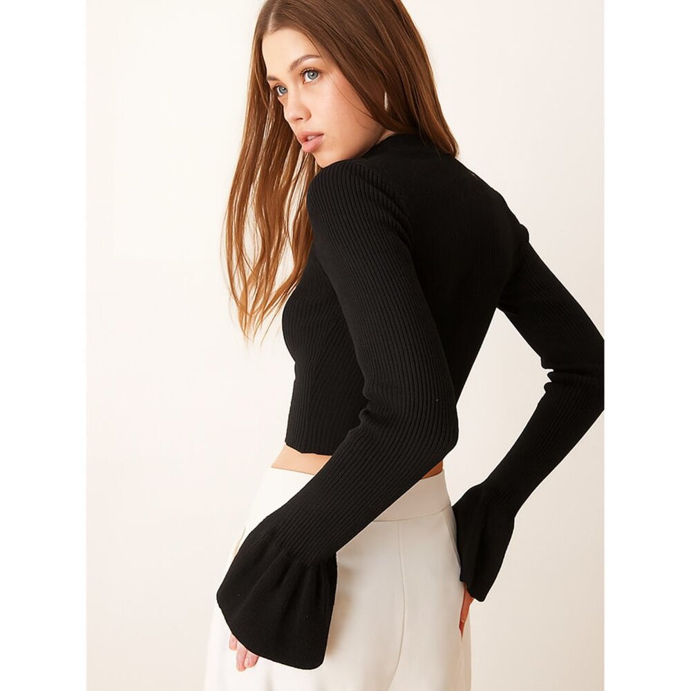 Lovers + Friends Wool Blend Cropped Sweater Flare Sleeve Ribbed Knit Black sz S